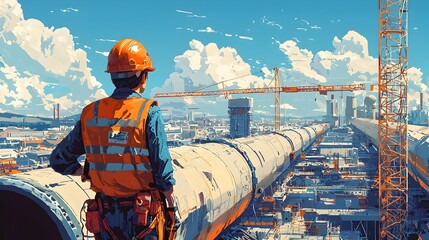 Construction worker in hard hat and safety vest inspecting a large pipe installation on a construction site with machinery and equipment visible under a bright blue sky