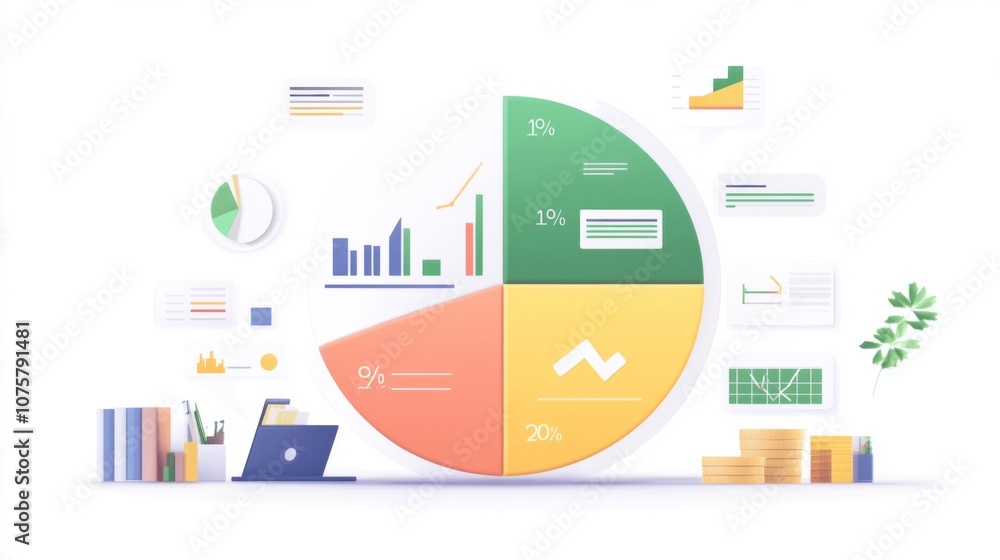 Leinwandbilder abstract business infographic featuring colorful pie chart with graphs, tables, and financial icons 