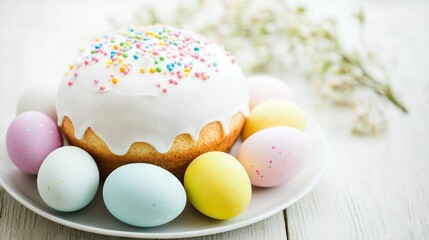  Easter cake on white plate with decorations