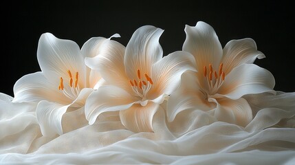   A cluster of white blossoms resting atop a pristine white tablecloth against a dark backdrop