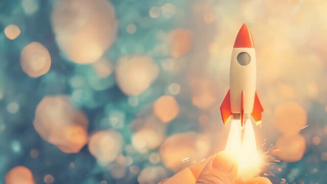 Hand holding a small toy rocket igniting against a backdrop of colorful bokeh lights, symbolizing creativity, adventure, and new beginnings.