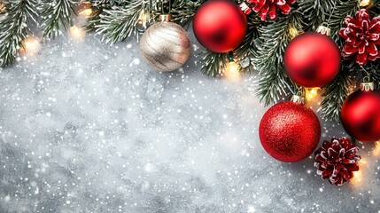   Christmas tree with red and silver decorations and falling snow on the ground