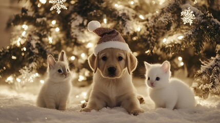 Fototapeta premium Festive Friends Puppy, Kitten and Bunny Under a Christmas Tree