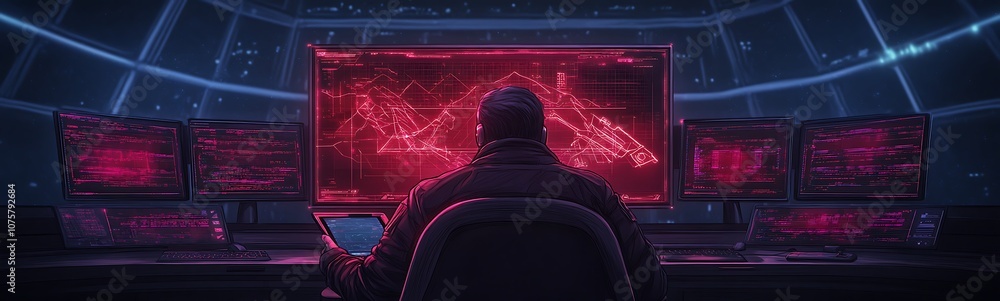 Poster A dark, high-tech room features a figure sitting before multiple glowing screens displaying intricate red data and graphs.