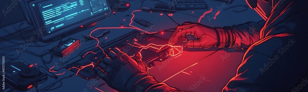 Poster a cybernetic scene with hands manipulating glowing circuits, emphasizing themes of technology and di