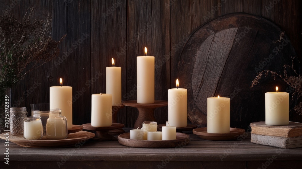 Poster tranquil candle arrangement on wooden table with rustic background, evoking warmth and serenity for 