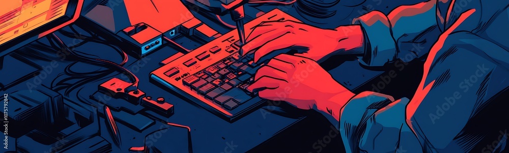 Poster a vibrant digital artwork showcasing hands typing on a keyboard, illuminated by warm and cool tones 