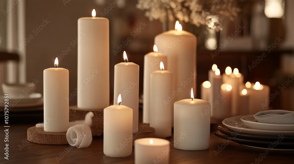 Poster A Collection of Elegant White Candles Lit in a Cozy Setting Surrounded by Soft Light Creating a Tranquil and Inviting Atmosphere for Relaxation and Reflection