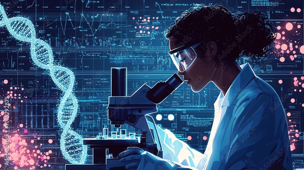 Poster focused and serious scientist closely examining genetic material under a high powered microscope sur