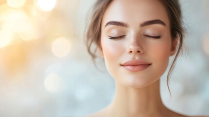 Naklejka premium Serene and Natural Beauty Portrait of a Young Woman with Closed Eyes, Radiating Calmness and Blissful Peace Against a Soft Focus Background of Warm Tones