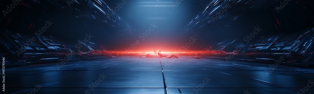 Poster a futuristic, dimly lit corridor with a glowing red light at the horizon, showcasing a sci-fi atmosp