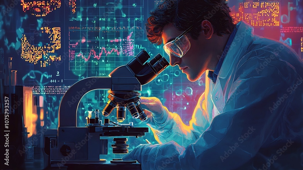 Poster focused scientist intently examining genetic material through a high powered microscope surrounded b