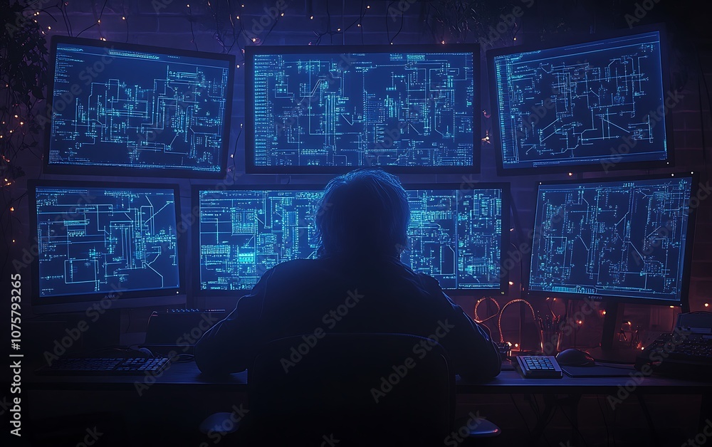 Poster A silhouette is seen in front of multiple screens displaying blue, lit-up data patterns in a dark room, suggesting a high-tech and cyber environment.