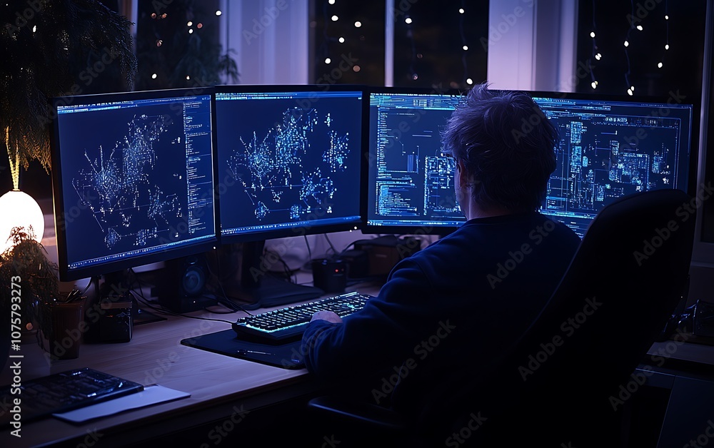 Aufkleber A person sits at a desk with multiple monitors displaying complex data visualizations in a dimly lit room.