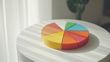 Fototapeta premium Vibrant Pie Chart on White Table with Soft Natural Light, Showcasing Colorful Segments, Ideal for Business, Finance, Education, or Creative Presentations