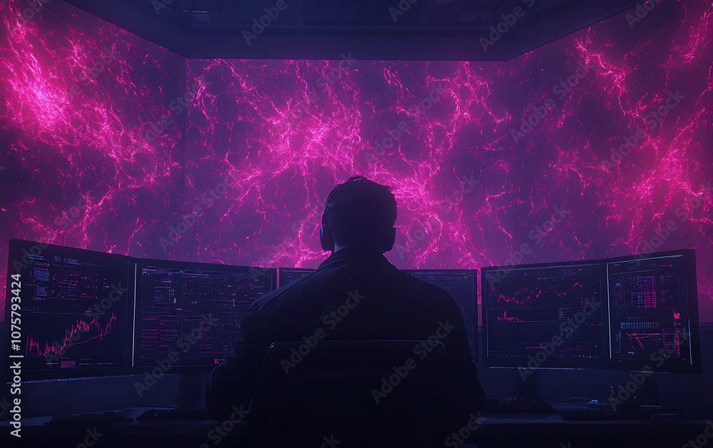 Poster a silhouetted figure in headphones sits before multiple screens displaying vibrant pink and purple d