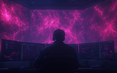 A silhouetted figure in headphones sits before multiple screens displaying vibrant pink and purple digital patterns, evoking a futuristic tech environment.