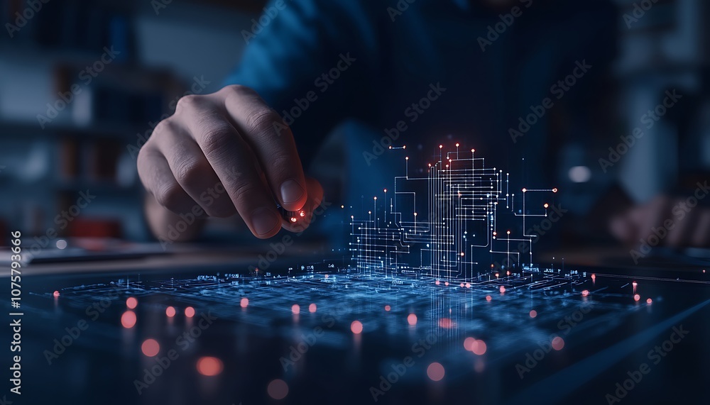 Poster A person manipulates a glowing, holographic interface showcasing complex data visualization and digital structures.