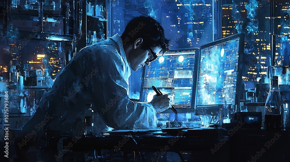 Poster hardworking researcher studying glowing screens displaying complex data in a dimly lit laboratory en