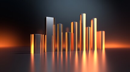 Fototapeta premium Abstract representation of modern data visualization with glowing vertical bars on a reflective surface, showcasing business analytics and growth concepts in gold and silver tones.