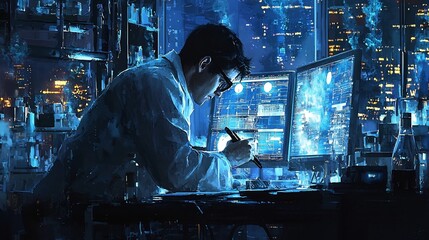 Hardworking Researcher Studying Glowing Screens Displaying Complex Data in a Dimly Lit Laboratory Environment Focused on Scientific Discovery and Innovation