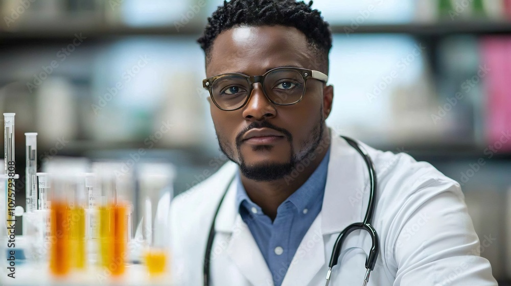 Poster healthcare professional in a laboratory environment carefully analyzing test results and medical dat