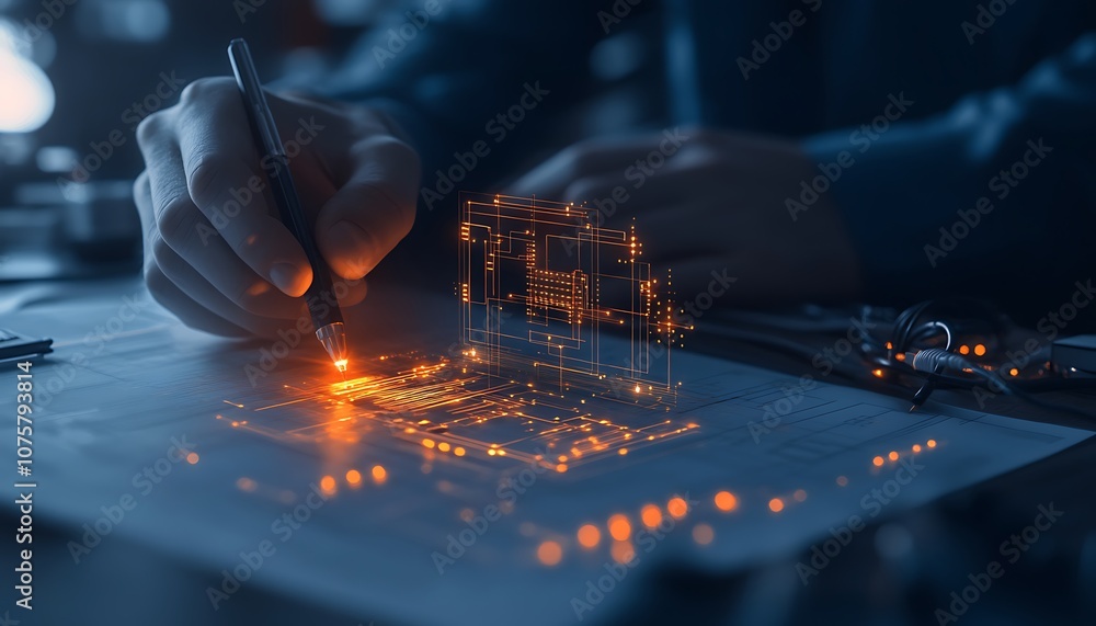 Aufkleber a person sketches a circuit design, illuminated by soft lighting, with vibrant glowing elements sugg