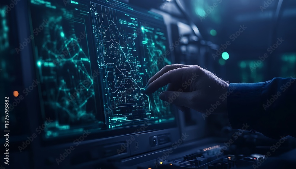 Poster A hand interacts with a futuristic interface displaying glowing network patterns, highlighting advanced technology and data visualization.