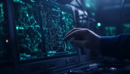 A hand interacts with a futuristic interface displaying glowing network patterns, highlighting advanced technology and data visualization.