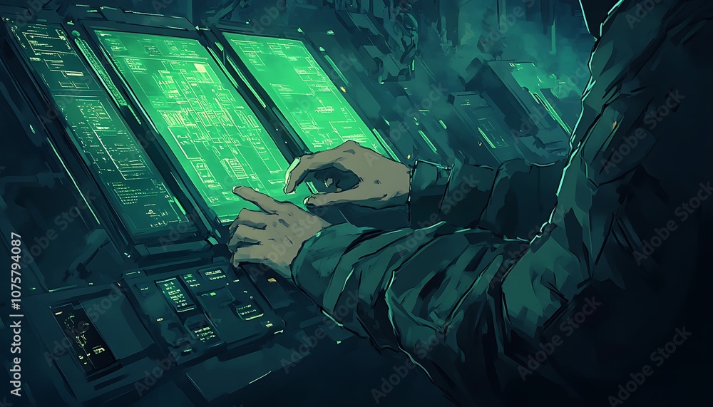 Poster a person interacts with glowing screens in a dark environment, suggesting a futuristic or technologi