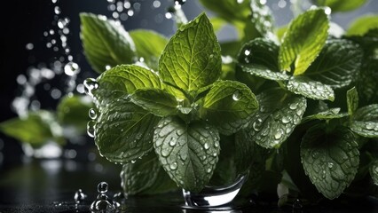 A close-up of fresh mint leaves covered in water droplets, illuminated by soft lighting that highlights their vibrant green color and detailed texture. 