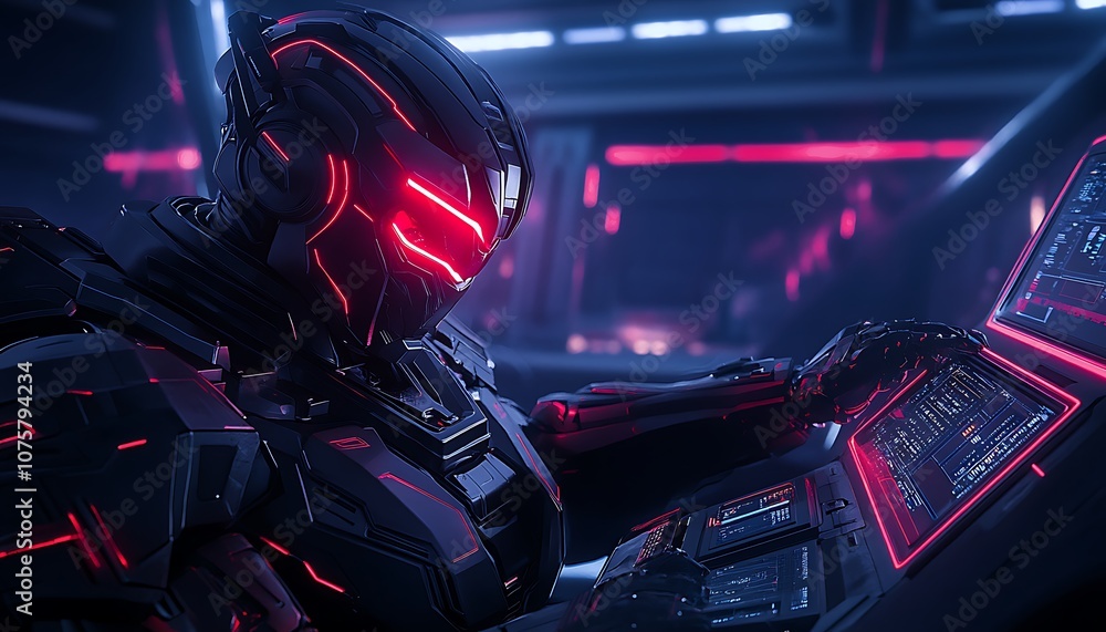 Poster a futuristic robotic figure with glowing red accents interacts with a digital interface in a high-te