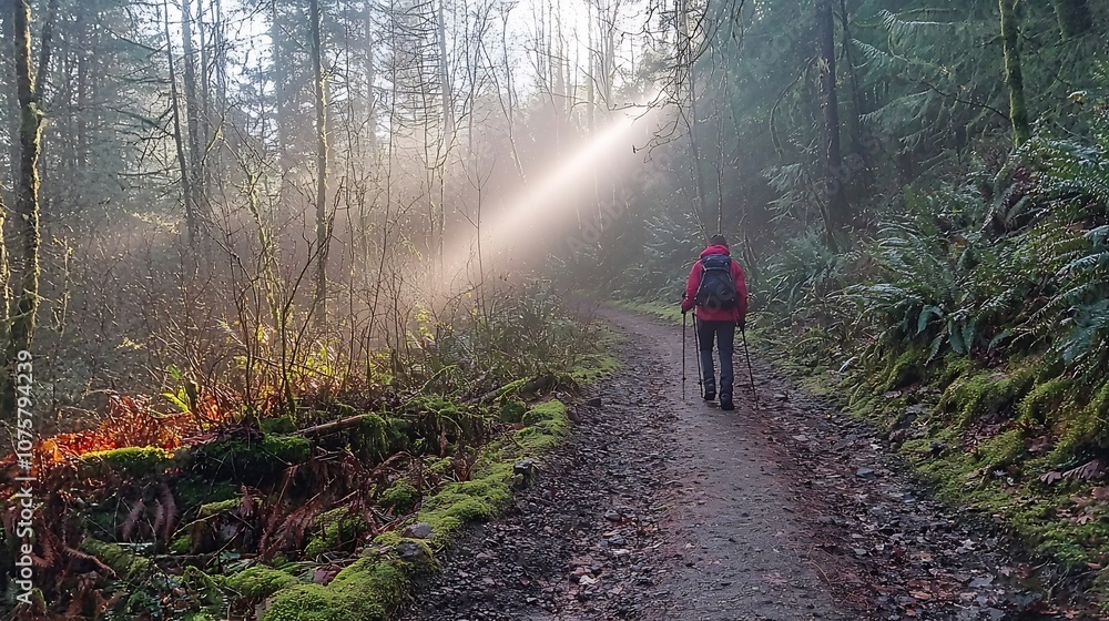 Poster Hiker exploring a peaceful forest trail with warm sun rays filtering through the lush trees and illuminating their path capturing the tranquility and restorative essence of a nature retreat