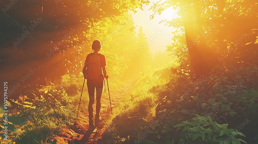 Poster hiker exploring serene forest trail with sunlight filtering through the trees and illuminating their