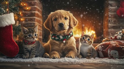 Golden Retriever and Two Cats by the Fireplace on Christmas Eve