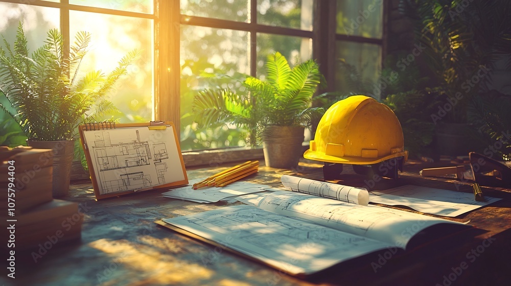 Poster illuminated workspace on a construction worker s desk featuring a yellow safety helmet an open noteb