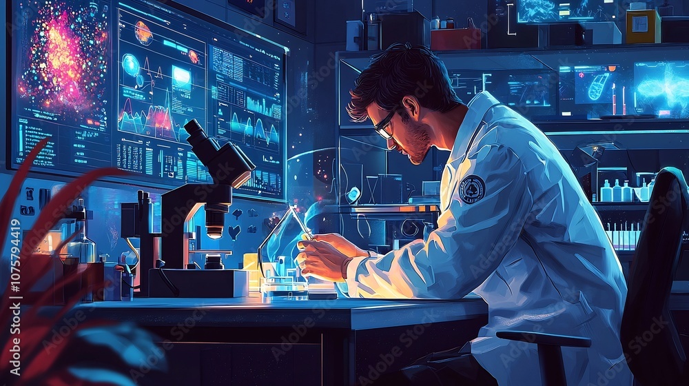 Poster illustrative image of a vibrant laboratory workspace featuring a scientist meticulously documenting 