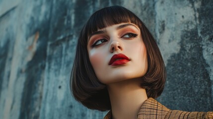 Fototapeta premium Stylish young woman with striking makeup and elegant bob hairstyle poses against a textured urban background showcasing modern fashion and beauty trends