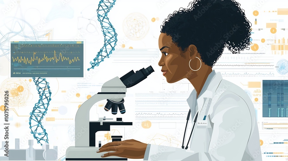 Poster medical researcher intently examining dna models and scientific data displayed on multiple digital s