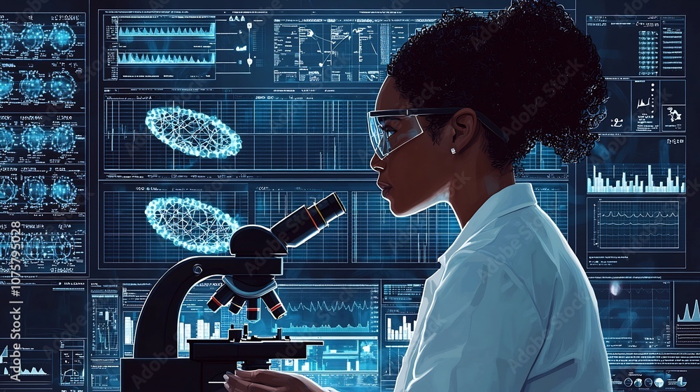Poster medical researcher examining dna samples under microscope with scientific data and models displayed 