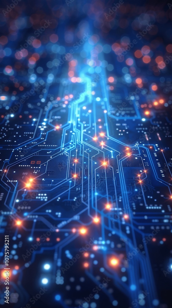 Poster quantum computing technology background with cyber network grid and glowing digital circuit lines