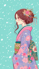 日本画（Japanese painting）／美人画　美女　着物　anime　イラス