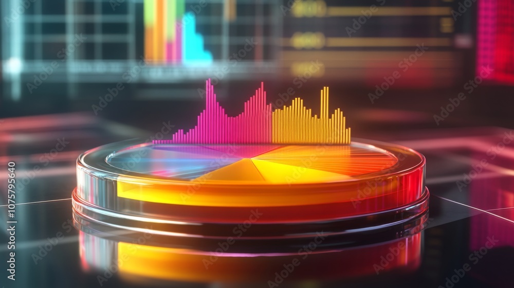 Poster colorful 3d data visualization scene featuring pie chart and bar graphs with dynamic background for 