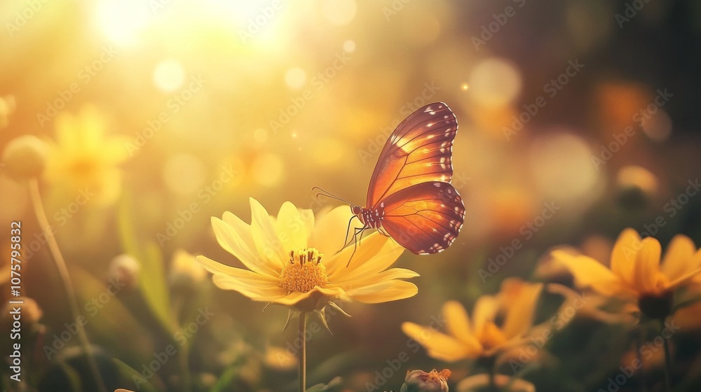 Poster Graceful Monarch Butterfly Resting on Bright Yellow Flower in a Sunlit Meadow with Soft Bokeh Background Creating a Serene Natural Atmosphere
