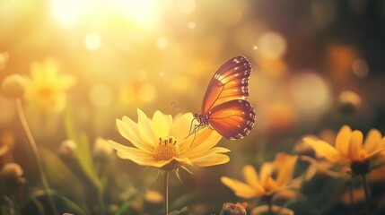 Graceful Monarch Butterfly Resting on Bright Yellow Flower in a Sunlit Meadow with Soft Bokeh Background Creating a Serene Natural Atmosphere