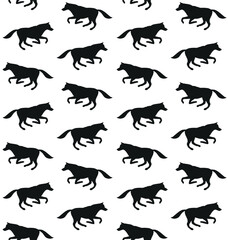 Vector seamless pattern of flat hand drawn running wolf silhouette isolated on white background
