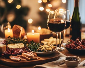 New Years Eve dinner with friends, vibrant table setup, cozy home, festive atmosphere