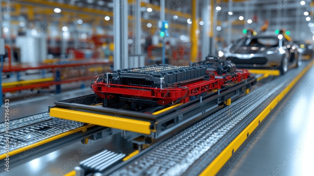 Poster an advanced robotic assembly line installing electric vehicle