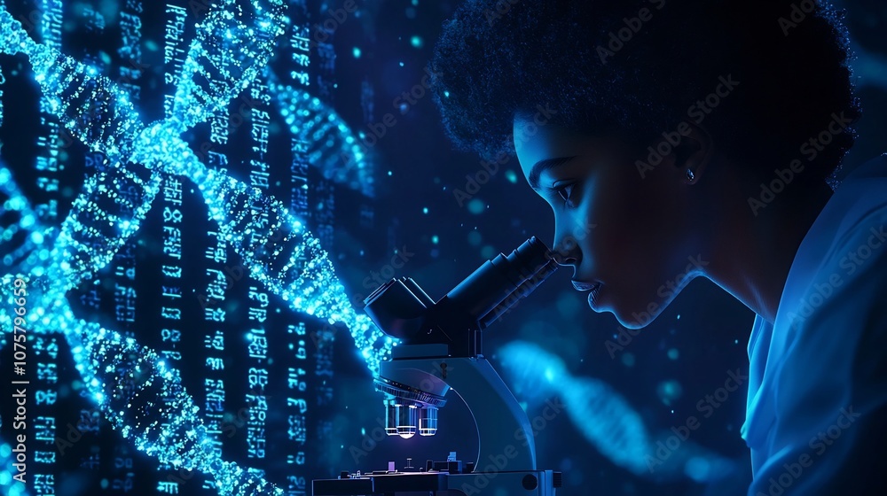 Poster researcher intently studying complex genetic samples under an illuminated microscope in an education