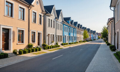 Obraz premium A row of colorful houses line a quiet street on a sunny day